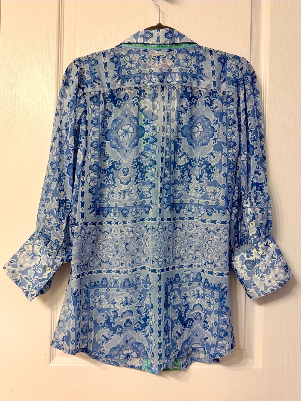 Gretchen Scott Designs Blue Floral Button-Down with Green Trim - Picture 3 of 7